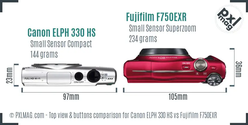 Canon ELPH 330 HS vs Fujifilm F750EXR top view buttons comparison
