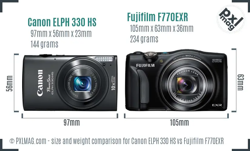 Canon ELPH 330 HS vs Fujifilm F770EXR size comparison Canon ELPH 330 HS vs Fujifilm F770EXR size comparison