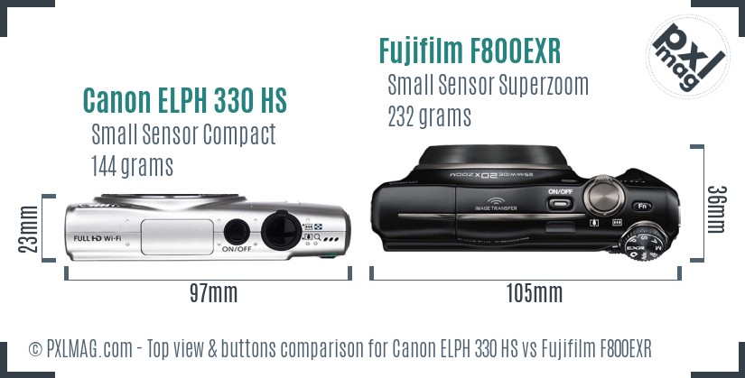 Canon ELPH 330 HS vs Fujifilm F800EXR top view buttons comparison