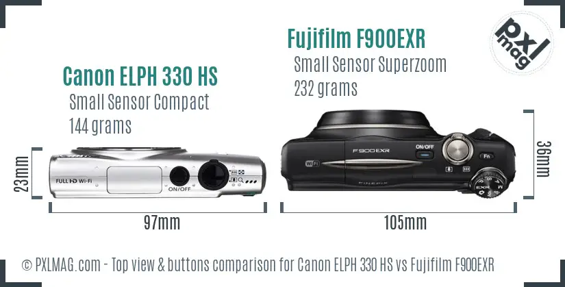 Canon ELPH 330 HS vs Fujifilm F900EXR top view buttons comparison