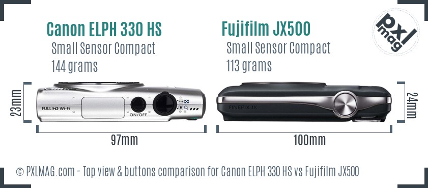 Canon ELPH 330 HS vs Fujifilm JX500 top view buttons comparison