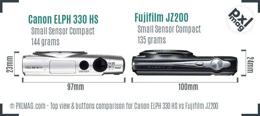 Canon ELPH 330 HS vs Fujifilm JZ200 top view buttons comparison