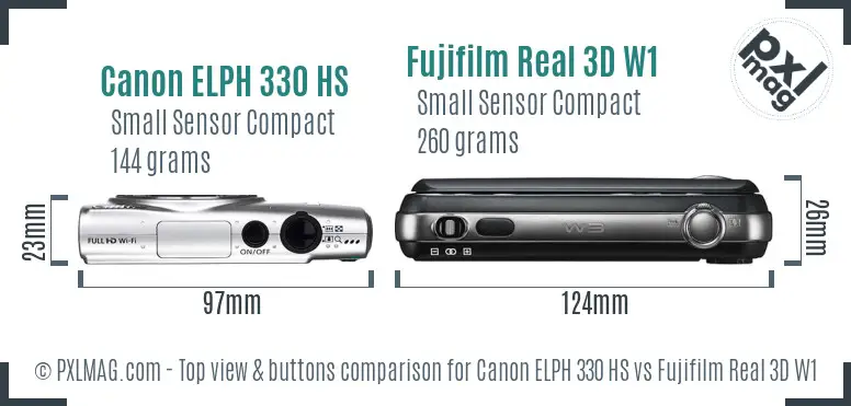 Canon ELPH 330 HS vs Fujifilm Real 3D W1 top view buttons comparison