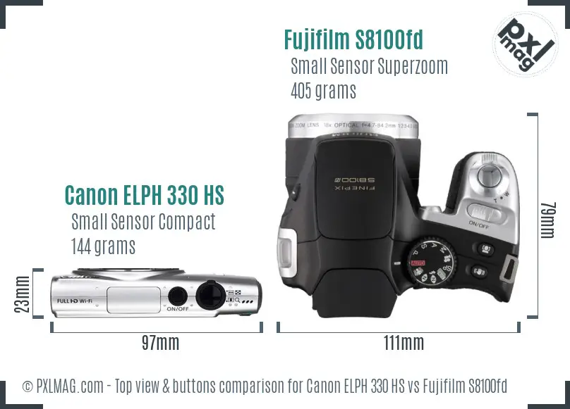 Canon ELPH 330 HS vs Fujifilm S8100fd top view buttons comparison Canon ELPH 330 HS vs Fujifilm S8100fd top view buttons comparison