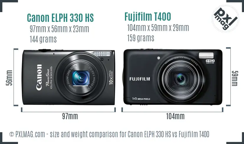 Canon ELPH 330 HS vs Fujifilm T400 size comparison
