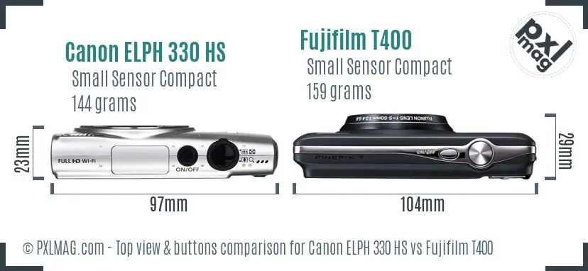 Canon ELPH 330 HS vs Fujifilm T400 top view buttons comparison