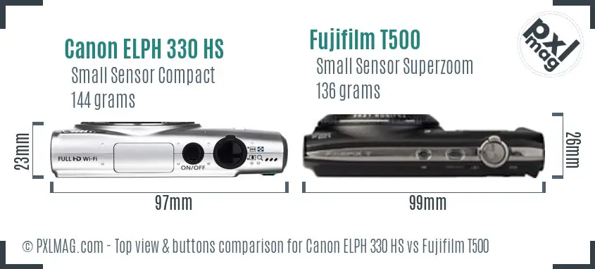 Canon ELPH 330 HS vs Fujifilm T500 top view buttons comparison Canon ELPH 330 HS vs Fujifilm T500 top view buttons comparison