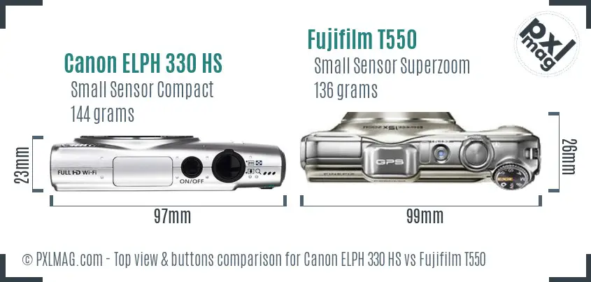 Canon ELPH 330 HS vs Fujifilm T550 top view buttons comparison