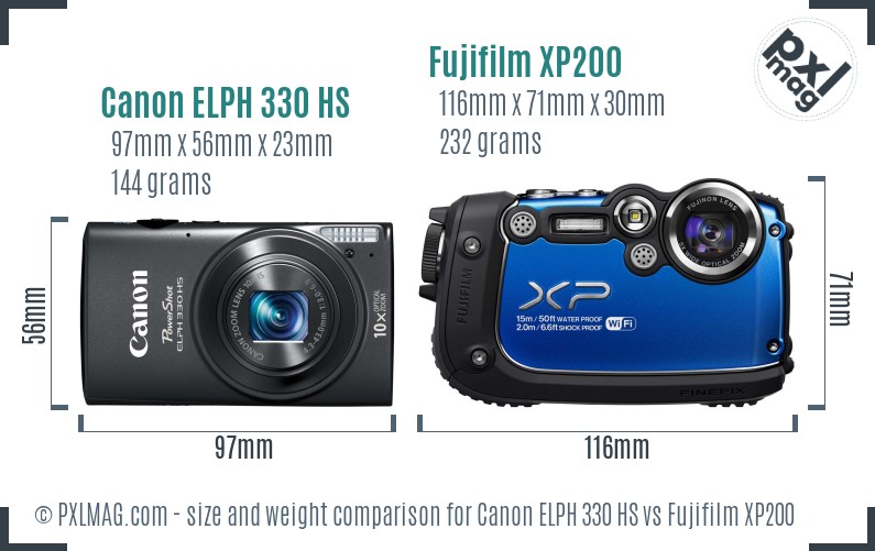 Canon ELPH 330 HS vs Fujifilm XP200 size comparison Canon ELPH 330 HS vs Fujifilm XP200 size comparison