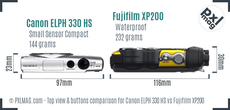 Canon ELPH 330 HS vs Fujifilm XP200 top view buttons comparison