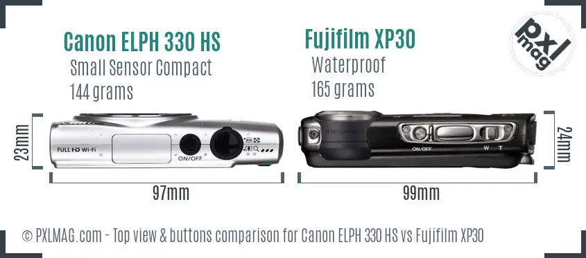 Canon ELPH 330 HS vs Fujifilm XP30 top view buttons comparison