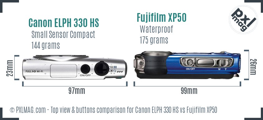Canon ELPH 330 HS vs Fujifilm XP50 top view buttons comparison