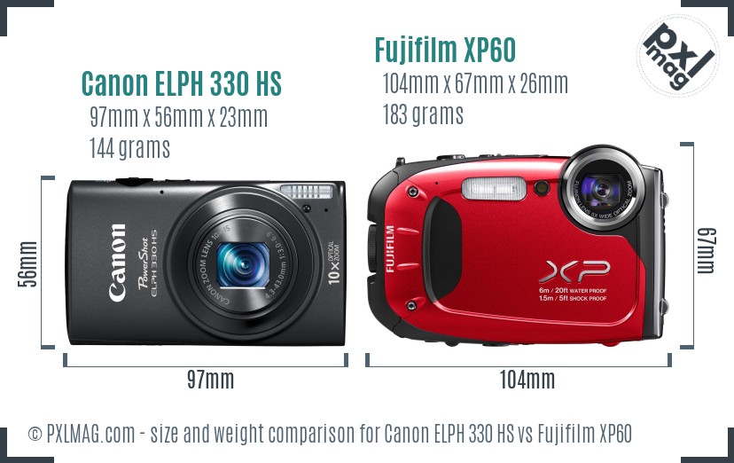 Canon ELPH 330 HS vs Fujifilm XP60 size comparison