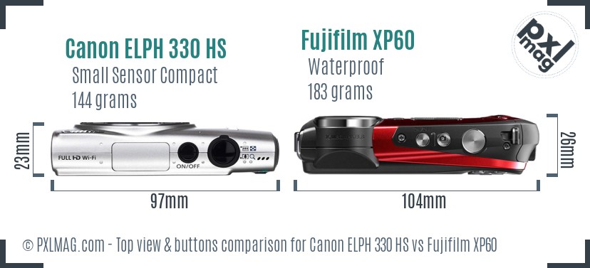 Canon ELPH 330 HS vs Fujifilm XP60 top view buttons comparison