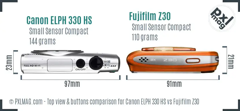 Canon ELPH 330 HS vs Fujifilm Z30 top view buttons comparison