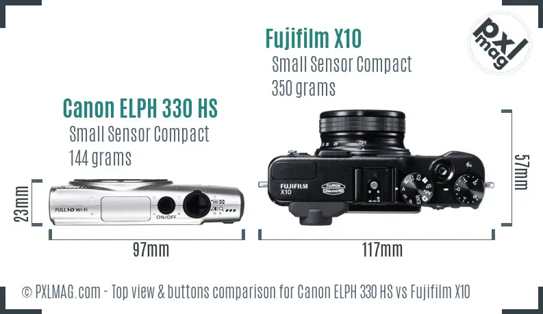 Canon ELPH 330 HS vs Fujifilm X10 top view buttons comparison