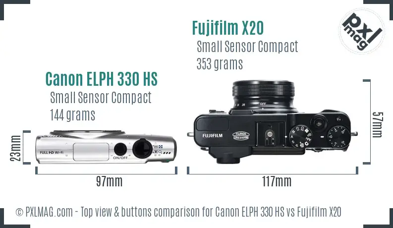 Canon ELPH 330 HS vs Fujifilm X20 top view buttons comparison