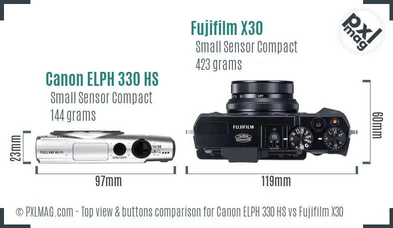 Canon ELPH 330 HS vs Fujifilm X30 top view buttons comparison