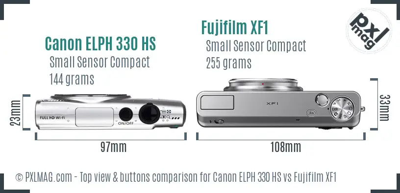 Canon ELPH 330 HS vs Fujifilm XF1 top view buttons comparison