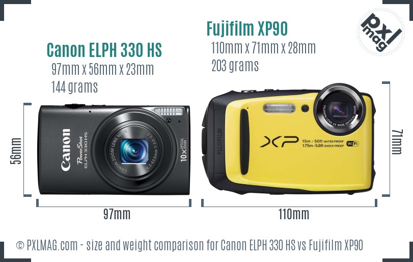 Canon ELPH 330 HS vs Fujifilm XP90 size comparison
