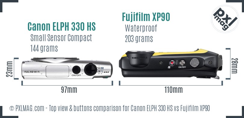Canon ELPH 330 HS vs Fujifilm XP90 top view buttons comparison