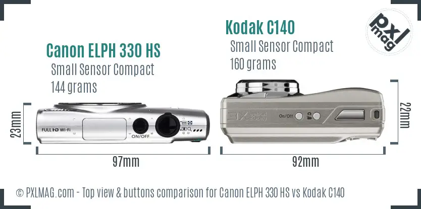 Canon ELPH 330 HS vs Kodak C140 top view buttons comparison Canon ELPH 330 HS vs Kodak C140 top view buttons comparison