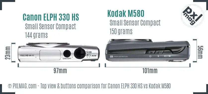 Canon ELPH 330 HS vs Kodak M580 top view buttons comparison Canon ELPH 330 HS vs Kodak M580 top view buttons comparison