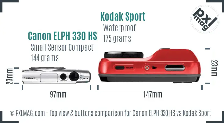 Canon ELPH 330 HS vs Kodak Sport top view buttons comparison Canon ELPH 330 HS vs Kodak Sport top view buttons comparison