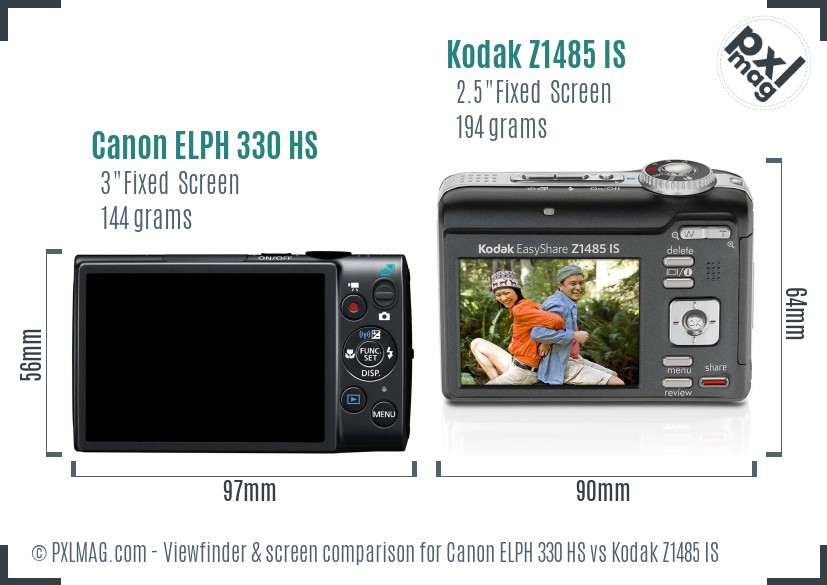 Canon ELPH 330 HS vs Kodak Z1485 IS Screen and Viewfinder comparison