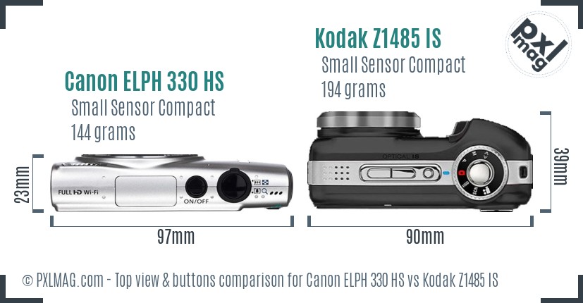 Canon ELPH 330 HS vs Kodak Z1485 IS top view buttons comparison