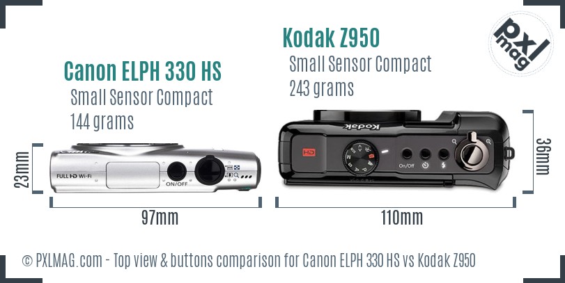 Canon ELPH 330 HS vs Kodak Z950 top view buttons comparison