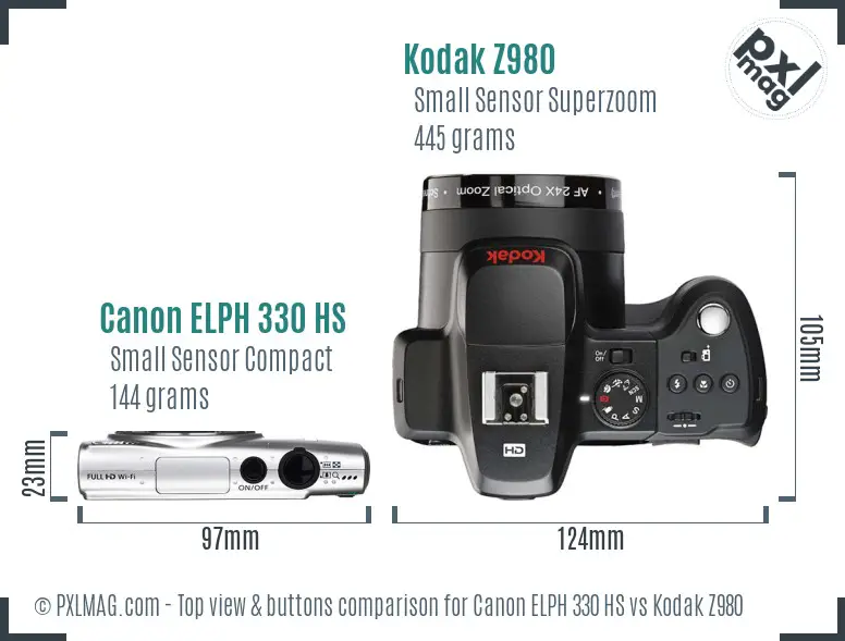 Canon ELPH 330 HS vs Kodak Z980 top view buttons comparison