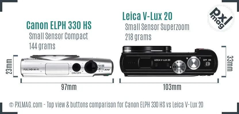 Canon ELPH 330 HS vs Leica V-Lux 20 top view buttons comparison