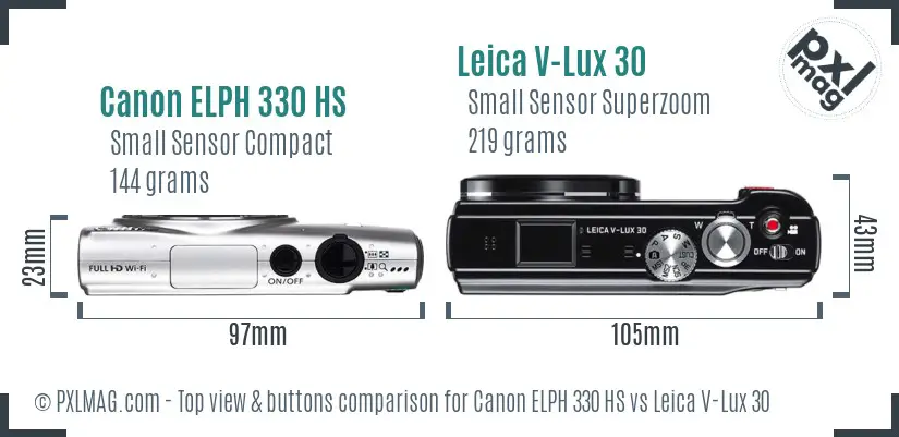 Canon ELPH 330 HS vs Leica V-Lux 30 top view buttons comparison