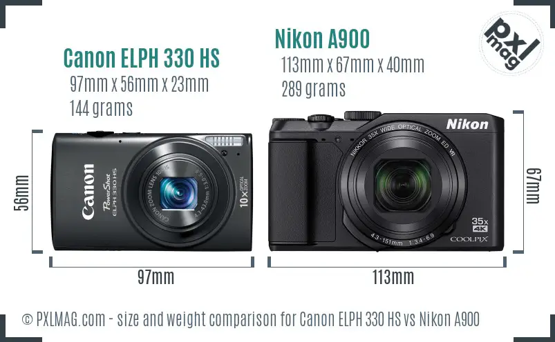 Canon ELPH 330 HS vs Nikon A900 size comparison Canon ELPH 330 HS vs Nikon A900 size comparison