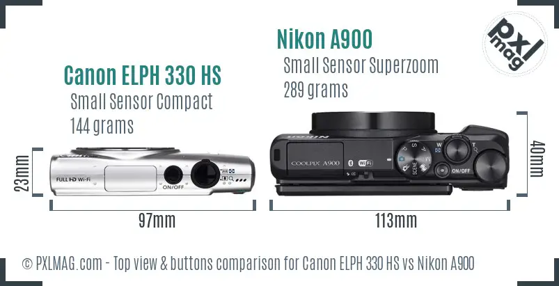 Canon ELPH 330 HS vs Nikon A900 top view buttons comparison Canon ELPH 330 HS vs Nikon A900 top view buttons comparison