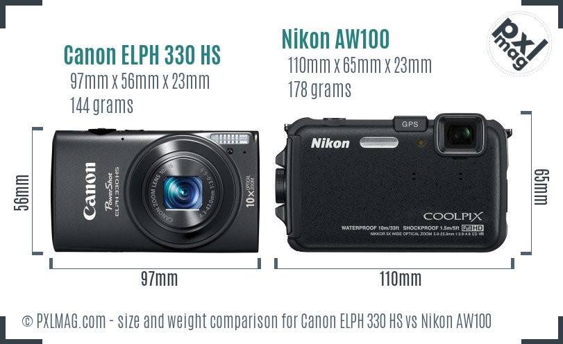 Canon ELPH 330 HS vs Nikon AW100 size comparison