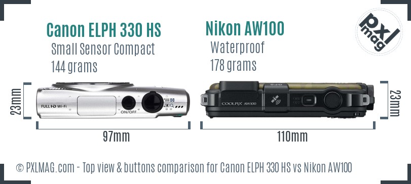 Canon ELPH 330 HS vs Nikon AW100 top view buttons comparison