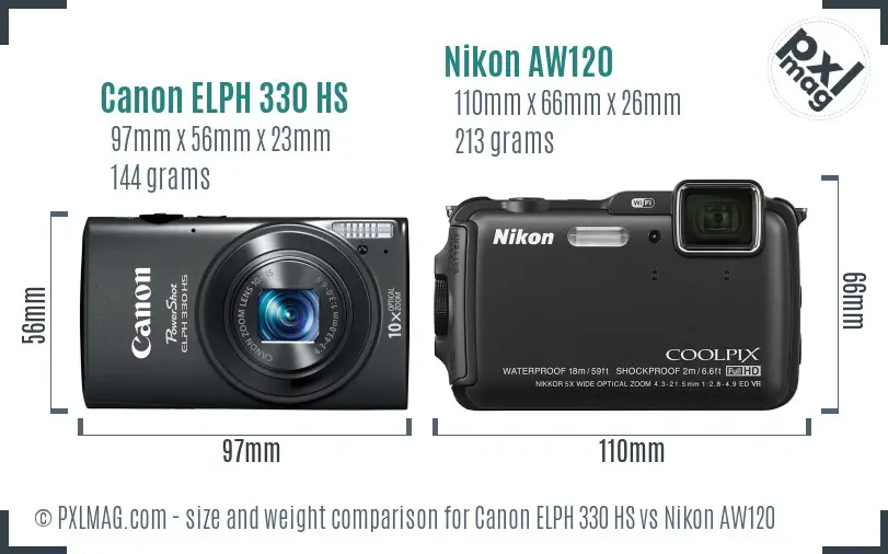 Canon ELPH 330 HS vs Nikon AW120 size comparison Canon ELPH 330 HS vs Nikon AW120 size comparison