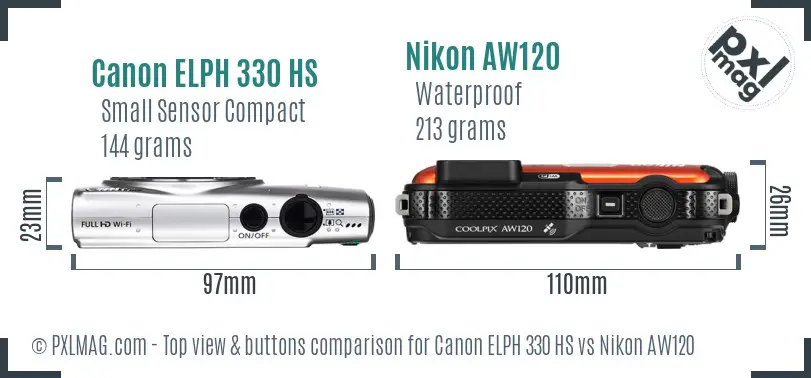 Canon ELPH 330 HS vs Nikon AW120 top view buttons comparison Canon ELPH 330 HS vs Nikon AW120 top view buttons comparison