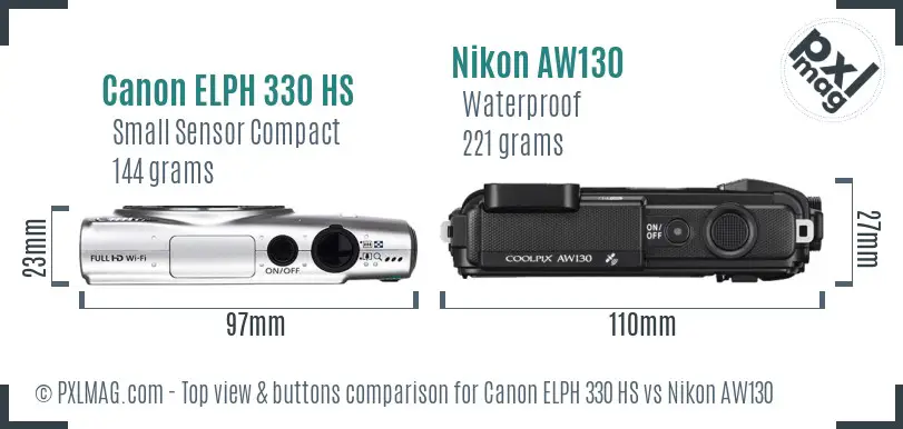 Canon ELPH 330 HS vs Nikon AW130 top view buttons comparison