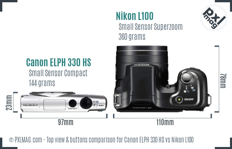 Canon ELPH 330 HS vs Nikon L100 top view buttons comparison