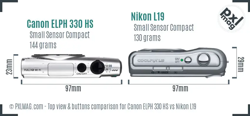 Canon ELPH 330 HS vs Nikon L19 top view buttons comparison Canon ELPH 330 HS vs Nikon L19 top view buttons comparison