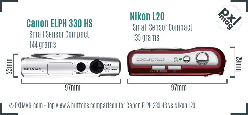 Canon ELPH 330 HS vs Nikon L20 top view buttons comparison