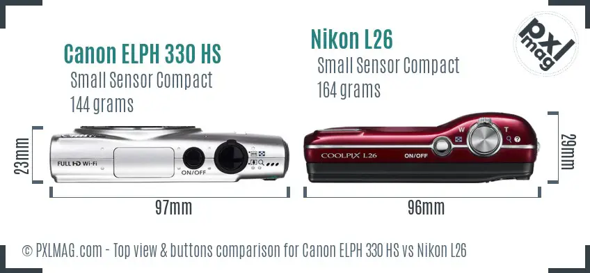 Canon ELPH 330 HS vs Nikon L26 top view buttons comparison Canon ELPH 330 HS vs Nikon L26 top view buttons comparison