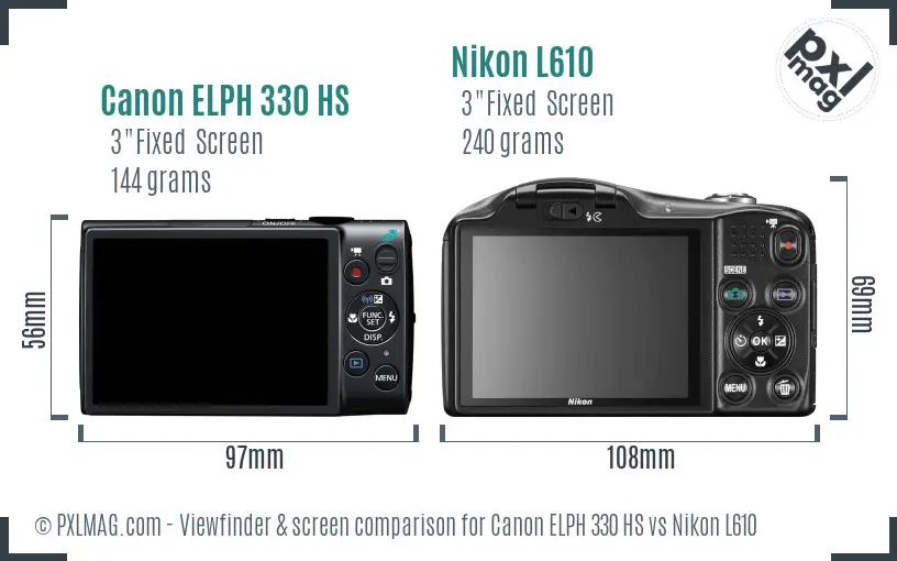 Canon ELPH 330 HS vs Nikon L610 Screen and Viewfinder comparison