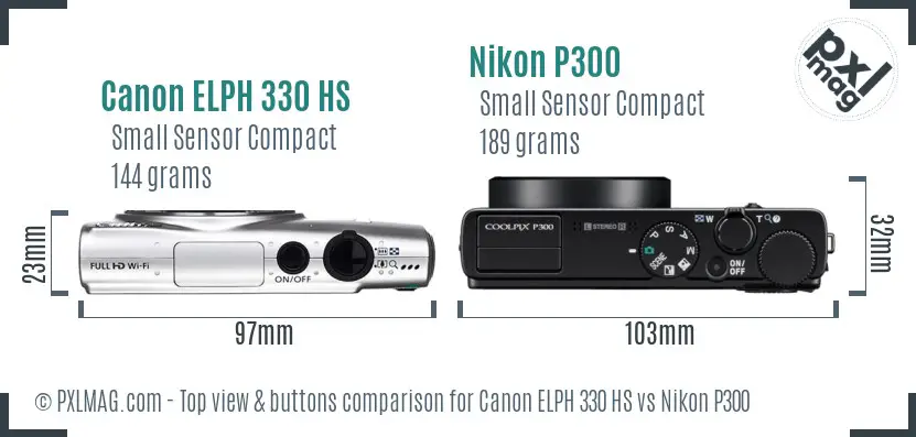 Canon ELPH 330 HS vs Nikon P300 top view buttons comparison