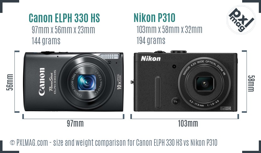 Canon ELPH 330 HS vs Nikon P310 size comparison