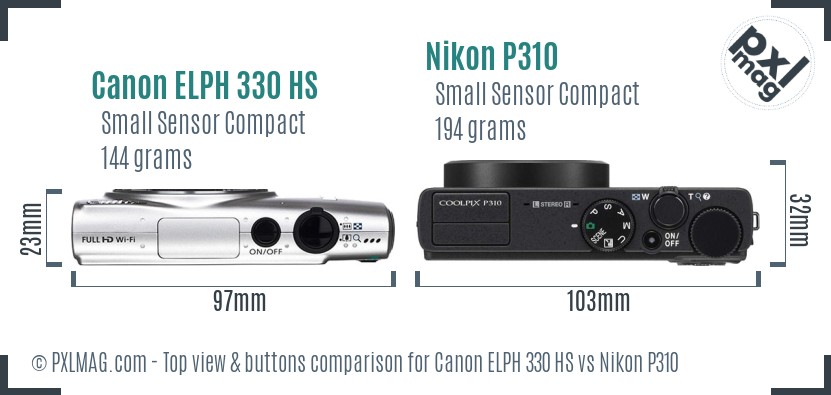 Canon ELPH 330 HS vs Nikon P310 top view buttons comparison