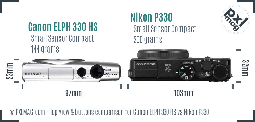 Canon ELPH 330 HS vs Nikon P330 top view buttons comparison